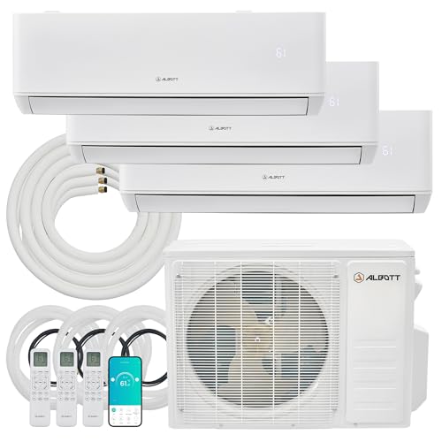 Albott Mini Split AC/Heating System, 28,000 BTU ODU, 22 SEER2 3 Zone 9K+9K+12K BTU Ductless Inverter Heat Pump, WiFi Enabled with Pre-Charged Condenser & 16.4 Ft Line Set, 208-230V, Energy-Efficient