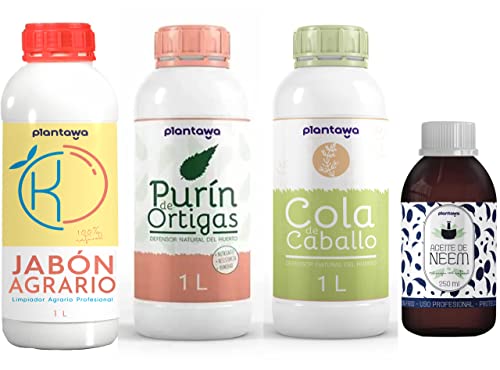 PLANTAWA Protección TOTAL: Jabón Potásico 1L, Aceite de Neem 250ml, Purín de Ortiga 1L, Cola de Caballo 1L | Solución Versátil | Fácil Aplicación | Cuidado Eficaz y Seguro