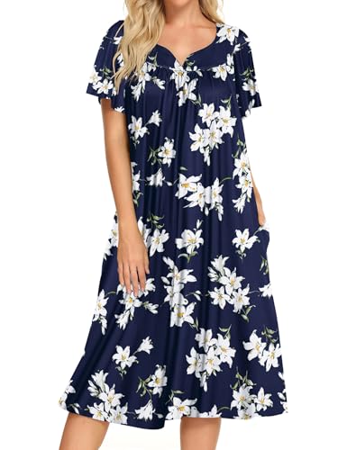 Image of Bloggerlove Mumu House Dress for Women with Pockets Short Sleeve Nightgowns | 15% Cotton, 80% Polyester, 5% Spandex, Floral Mumu House Dress, V-Neck, Short Sleeves, Midi Length, 2 Side Pockets, Lounging