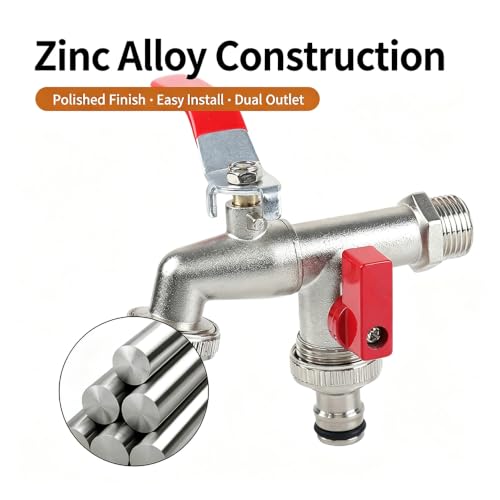 Image of Water Tap 1 /2 Inch, Two Way Zinc Alloy Garden Tap with Dual Outlet