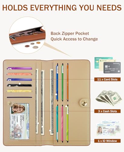 Image of Immaturus Caramel Womens Wallet RFID Blocking Slim Thin Credit Card Holder | Long Bifold, 11 Card Slots, Cash Purse, Zipper Coin Pocket, Travel Clutch Billfold, PU Leather, ID Window, Ladies Woman Gift