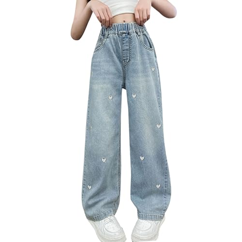 Baggy Heart Embroidered Jeans for Kids Girls Straight Wide Leg Elastic Waist Denim Pants Y2k Style Jeans Fall