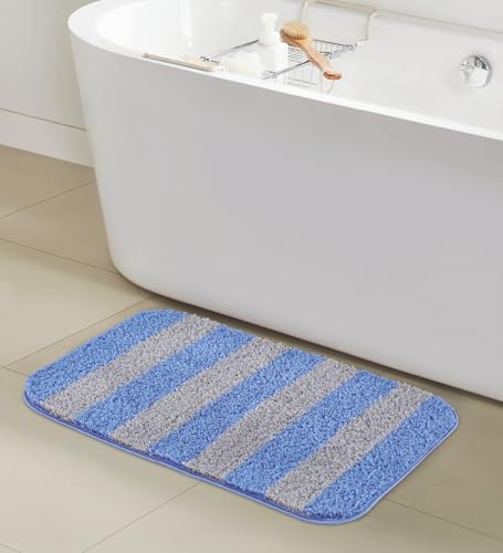 Image of Obsessions Ultra-Absorbent Quick-Dry Bath Mat | 1400 GSM Polyester | Soft, Non-Slip & Fast-Drying Bathroom Rug for Safety & Comfort | 50 x 70 cm | Blue and Silver