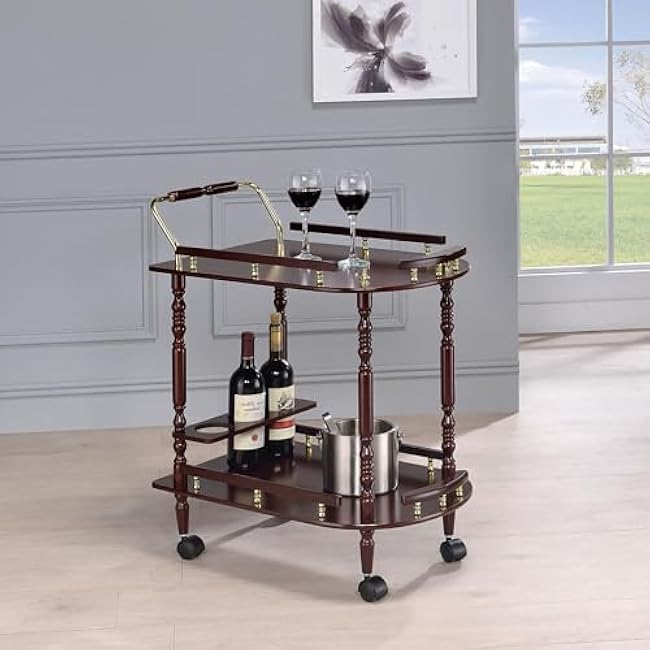 Merlot and Brass 2-Tier Vintage Bar Cart, Tea Cart with Fence and Wheels, for Dining Room, Living Room, Garden, Party, Brown-ZtUBcyBn