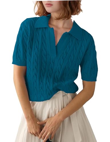 Image of Zeagoo Women Short Sleeve Sweater Pullover Polo Tops V Neck Knit Casual Soft Pullover Shirt