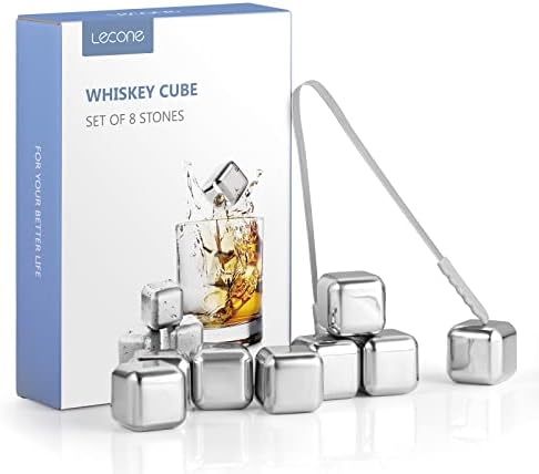 Lecone Whiskey Ice Cubes Reusable Ice Cubes for Drinks, 8PCS Whiskey Stones Set Stainless Steel Ice Cube with Ice Tongs For Whiskey, Vodka, Liqueurs, Wine, Beverage Juice or Soda