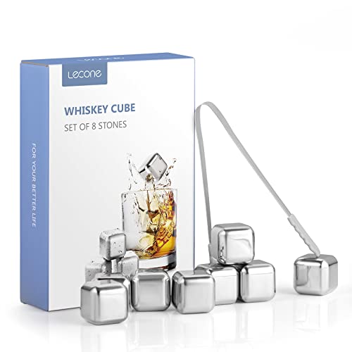 Lecone Whiskey Ice Cubes Reusable Ice Cubes for Drinks, 8PCS Whiskey Stones Set Stainless Steel Ice Cube with Ice Tongs For Whiskey, Vodka, Liqueurs, Wine, Beverage Juice or Soda