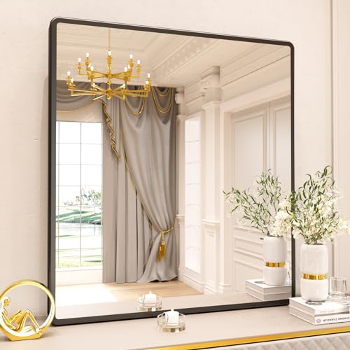 New Upgrade Bathroom Mirror, 40X36 Inch Black Metal Frame Wall Mounted Rounded Rectangle Bathroom Vanity Mirror with Tempered Glass for Washroom Bedroom Living Room