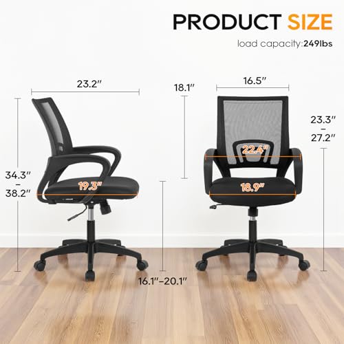 BestOffice | Ergonomic Office Chair | Mid-Back Swivel Desk Chair | Breathable Backrest & Lumbar Support | Adjustable Height | Sponge Seat | Rolling Wheels | Dark Black | for Adults & Women - Image 8