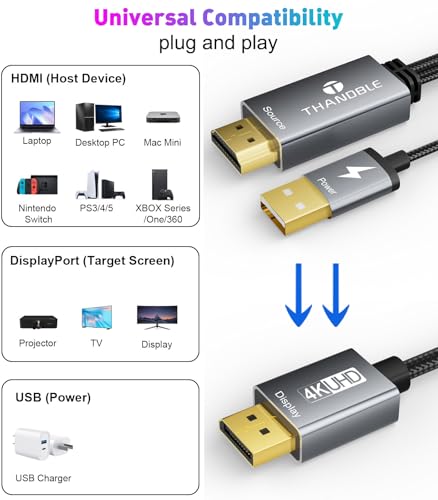 THANDBLE Active HDMI to DisplayPort Cable 6FT (4K60Hz), Uni-Directional HDMI Source to Display Port Monitor Cable, Male to DP Female Compatible PC, Graphics Card, Laptops, PS5 - Thumbnail 7