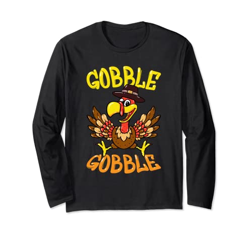Cute Gobble Gobble Turkey Pilgrim Little Boys Thanksgiving Long Sleeve T-Shirt