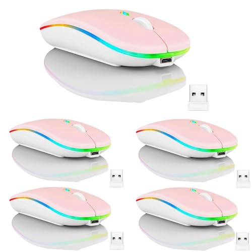 5 Pack Wireless Bluetooth Mouse,LED Dual Mode Rechargeable Silent Slim Laptop Mouse,Portable(BT5.2+USB Receiver) Dual Mode Computer Mice,for Laptop,Desktop Computer,ipad Tablet,Phone,TV (Pink)