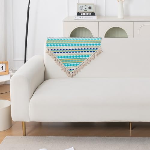 Image of HOKIPO 'Artisan Boho Series' Sofa Backrest Cover with Tassel | 450 GSM Thick Cotton Acrylic Jacquard Fabric Backrest Mat, Size 55x80 cm, Aqua Blue (IN-900-A4)