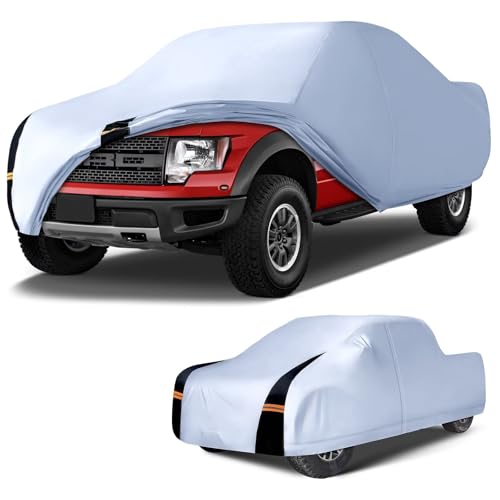 Image of Heavy Duty Truck Cover Waterproof All Weather. 100% Waterproof Pickup Truck Cover Sun & Rain Protector. Custom Fit Ford F-Series, Chevy Silverado, Ram Pickup, etc. (Length: 229-242 inches,XL)