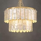 Gold Oyster Capiz Shell Chandelier: Natural Seashell Alabaster Chandeliers - Modern Coastal Dimmable Lighting Fixture - Shells Ceiling Pendant Light for Dining Room, Bedroom, Living Room and Foyer