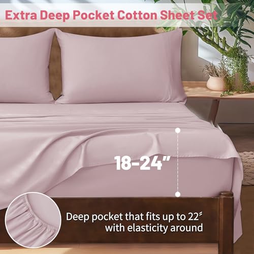 Image of Extra Deep Pocket King Sheets 18-24 Inch 100% Egyptian Cotton 1000 Thread Count Sateen Weave Soft Breathable 4 Pieces（King，Light Pink）