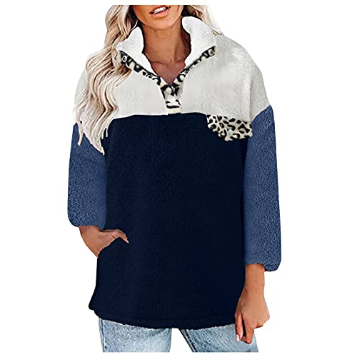 Briskorry Dikke pluche dubbelzijdige fleece pullover winter warm splice kleurblok luipaardprint sweatshirt opstaande kraag bovenstuk trui lange mouwen voor vrouwen