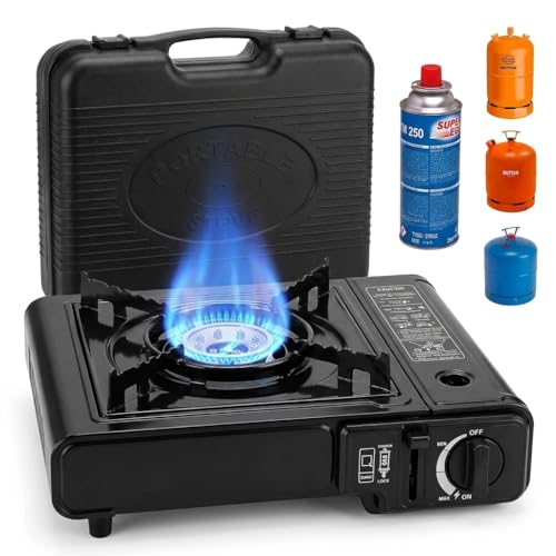 Pincho Camping Gas Portatil, Hornillo de Gas Butano, Cocina de Butano, Hornillo Portatil con Maletin Rigido, Cocina Camping con Control de Llama - 1 Fuego, Cartucho Tipo Cassette, CE