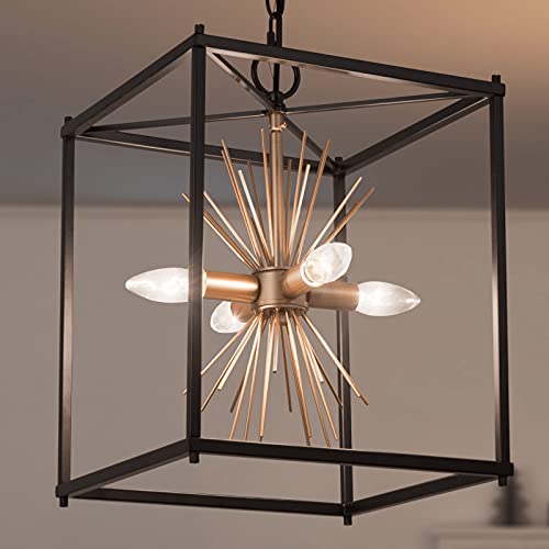 Durent Lighting Modern Farmhouse Chandelier, 4-Light Black Chandelier with Gold Starburst Design, Industrial Square Metal Pendant Light Fixture for Foyer, Dining Room, Kitchen Island, 12"Lx12"Wx14"H