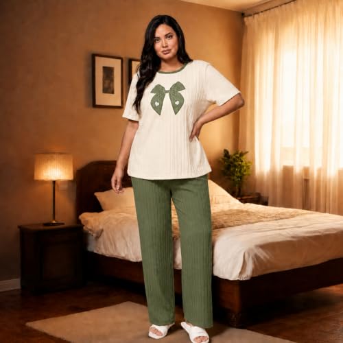 Image of Emilaura Womens Plus Size Pajama Set 2 Piece Short Sleeve with Long Pant Sleepwear Soft & Cozy Bow Loungewear (XL to 5X)