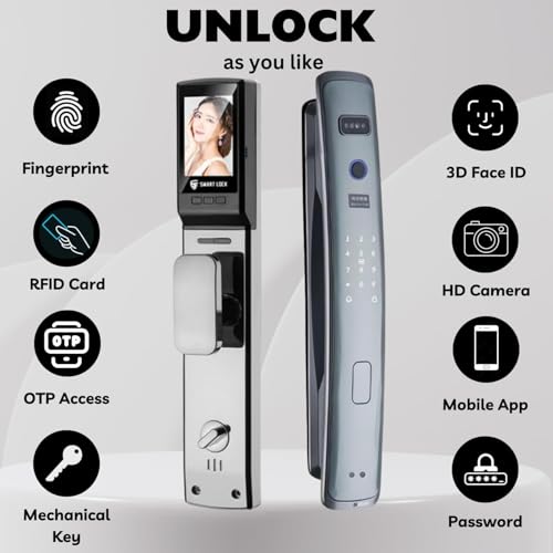 Image of Golens X58 Smart Door Lock with 3D Face Recognition Fingerprint, Mobile App Password, IC Card, Mechanical Key LCD Display Photo Recording & HD Camera Advanced Smart Lock