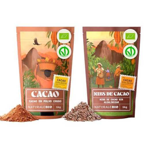 NaturaleBio - Cacao Ecológico en Polvo 1kg & Nibs de Cacao Crudo Ecológico 1kg - Vegano, Sin Azúcares Añadidos