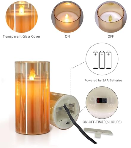 Image of Flameless LED Pillar Candle with Glass Cup | Real Wax | Amber Glass Finish | Flickering Wick Effect | Remote with Battery Operated | D-3 inch x H-6 inch | Decorative Candle for Home Decor, Festive & Gifting