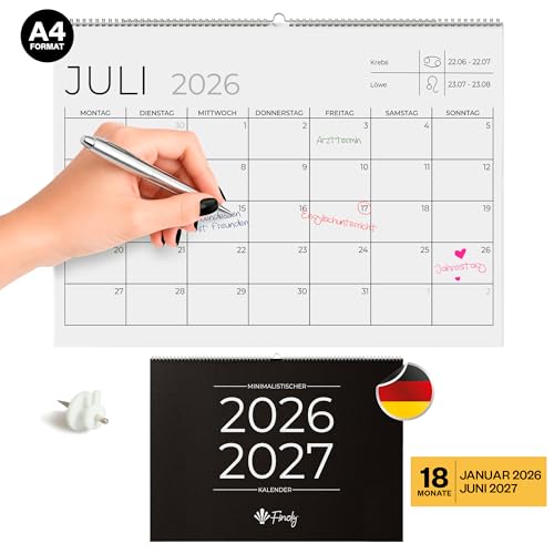 Finoly Wandkalender 2026 2027 auf Deutsch von Januar 2026 Juni 2027 (18 Monate) | Kalender 2026 Wand für Zuhause Büro | 2026 Wandkalender Ideal als Familien- oder Paarkalender
