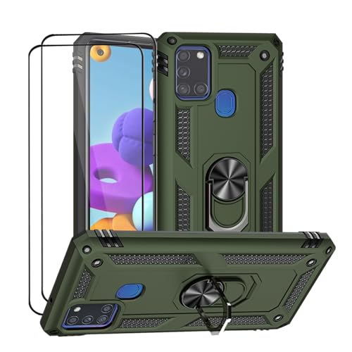 Hülle für Samsung Galaxy A21S 5G HandyHülle mit 2 Stück Displayschutzfolie,Galaxy A21S 5G Cover mit 360 Grad Ringhalter Ständer Militär Case A21S 5G Schutzhülle für Samsung A21S Handytasche (Grün)