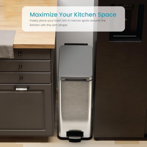 Image of Home Zone Living 8 Gallon Kitchen Trash Can with Slim Fit Design | Stainless Steel with Soft-Close Step Pedal Lid, Bag Tuck Band for Easier Bag Changes, Rectangular Shape, Silver