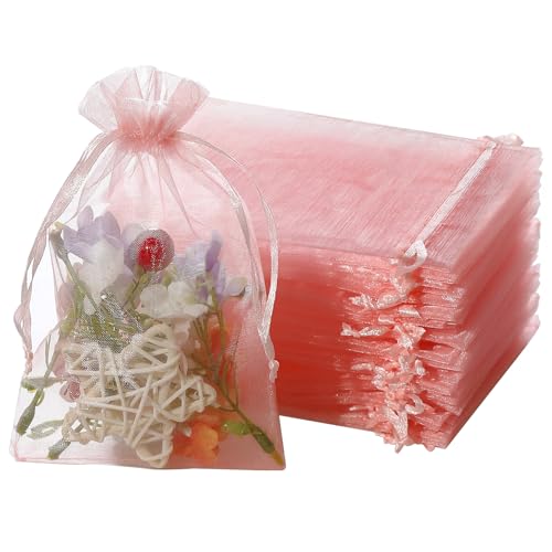 Image of Hopttreely 100pcs Organza Bags, 4x6 Pink Satin Drawstring Organza Pouch Wedding Party Favor Gift Bag Jewelry Watch Bags
