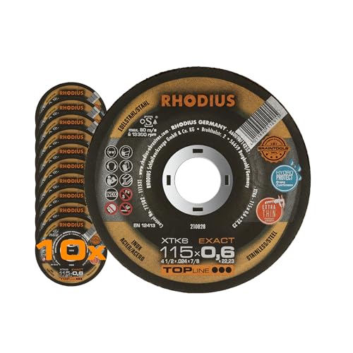 RHODIUS XTK6 | 10 Stück Ø 115 x 0,6 mm | Dünnste Metall Trennscheibe der Welt | Made in Germany | für Winkelschleifer, INOX, Stahl, Hartmetall
