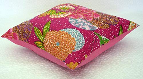 Image of Cotton Kantha Embroidery Cushion Cover (16x16-inches) (Set of 1, Pink)