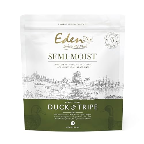 Eden Semi-Moist Duck & Tripe 2kg Kibble. Complete Premium Dry Dog Food for Adult & Senior Dogs. Soft kibble great for fussy dogs 60/40 Recipe includes superfoods: Spirulina green-lipped mussel
