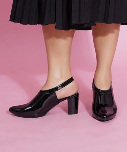 Image of JM LOOKS Glamorous Glossy Patent Finish Slingback Pumps with Thick Block Heel for Bold Fashion Statements