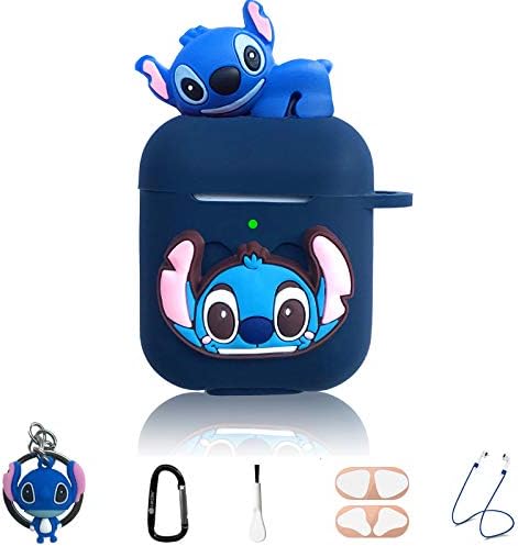 Stitch Cartoon Case for Apple Airpod 2 and 1, 9 in 1 Accessories Set Protective Cover,3D Anime Designed Silicone Case/Stitch Keychain/Metal dust Sticker/Anti-Lost Rope.The Best Gift