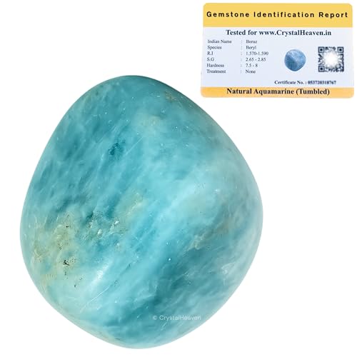 Image of Certified Aquamarine Crystal Healing Tumbled Stone, Natural Polished Crystals for DIY Crafts, Manifestation, Meditation, Pooja Feng Shui and Reiki Healing (30 Grams)