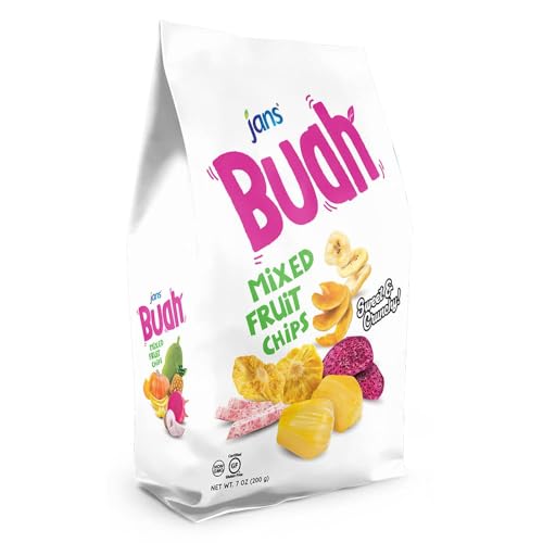 Jans Buah Mixed Fruit Chips, 7 Oz (Pack of 6 ) Tropical Mix of Red Dragonfruit, Pineapple, Banana, Jackfruit, Taro, Pumpkin Chips Experience Real Fruit, Gluten-Free, Sweet & Crunchy, Ready-to-Eat, Perfect for Anytime Snacking