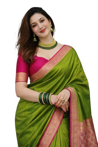 Image of Women's Glory Banarasi Satin Silk Saree with Rich Zari Woven Border & Pallu | Soft Glossy Party Fancy Traditional Saree for Wedding, Festive, Function | Blouse Piece Included