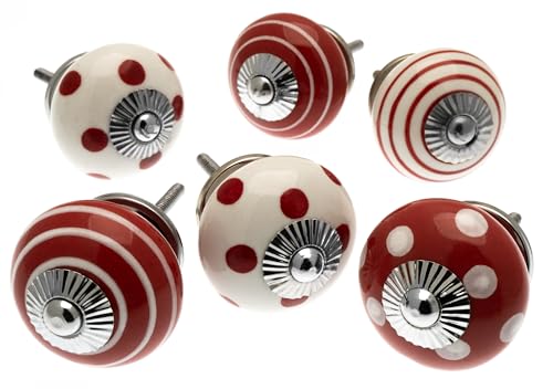 Mango Tree MG-420 Lot de 6 boutons de porte et tiroir en céramique Rouge et blanc