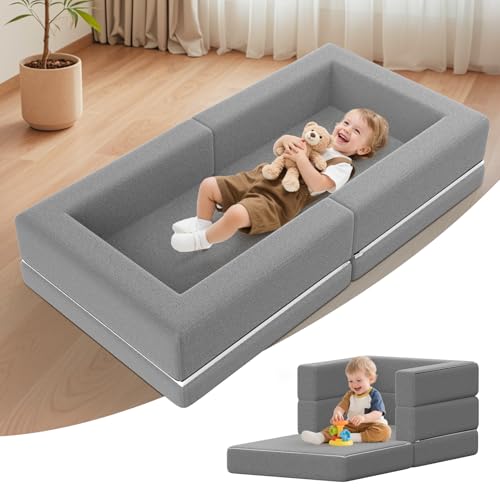 Abdtech Portable Toddler Travel Bed: Foldable & Soft - 3-in-1 Convertible Portable Folding Floor Bed with Washable Cloth Cover - Ideal for Vacation Camping and Sleepover44 inches Grey