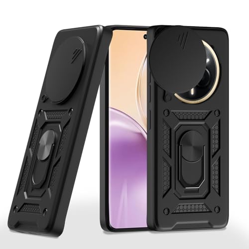 Image of Pikkme Back Cover for Realme 14 Pro 5G | 360 Protection Case | Sliding Camera Shield Cover & Ring Holder Stand D10 Tough Armor Bumper Case (Black)