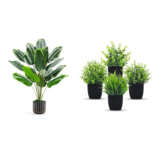 Der Rose Bundle of 28" Tall Bird of Paradise Artificial Plants and 4 Pack Small Fake Plants for Room Home Office Shelf Decor