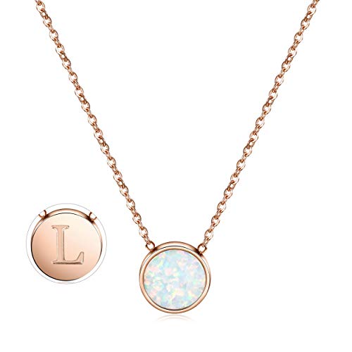 CIUNOFOR Rose Gold Plated Alphabet Opal Pendant Necklace Round Disc Initial Necklace Engraved Letter Necklace with Adjustable Chain Pendant Enhancers for Women and Girls Fashion Style Jewerly