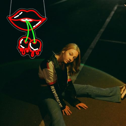 Image of Cherry Lips Neon Sign, JGHTURIE Red Led Neon Signs for Wall Decor USB Powered Bar Lights Signs for Room Man Cave Party Art Decoration