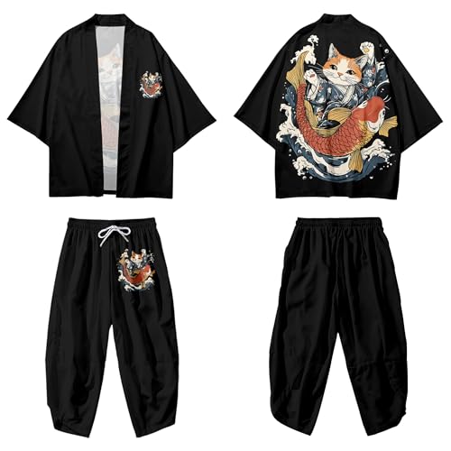 Image of DOSLAVIDA Men's Japanese Kimono Cardigan Suit Chinese Style Printed Jacket Pants Set Open Front Seven Sleeve Top & Shorts