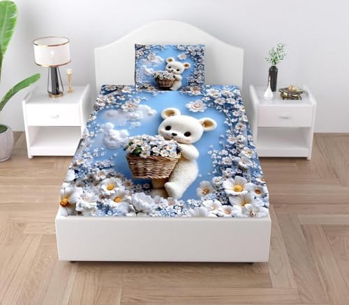 Image of Digital Printed Heavy Quality Glace Cotton 7D Bedsheet for Single Bed, 60 inch x 90 inch Flat Bedsheet with 1 Matching Pillow Cover for Kids, 300 TC (Teddy)