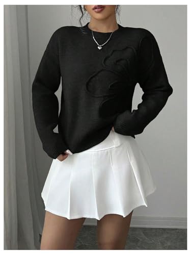 Image of RoseSeek Women's 3D Floral Appliques Crewneck Sweaters Long Sleeve Drop Shoulder Pullovers Elegant Knit Tops