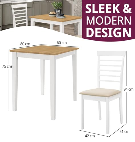 Hallowood Furniture Ledbury Small Table and Chairs for 2, Wooden Painted White Kitchen Table and 2 Chairs with Warm Cream Fabric Seats for Home or Cafe, Space Saving Dining Set for 2