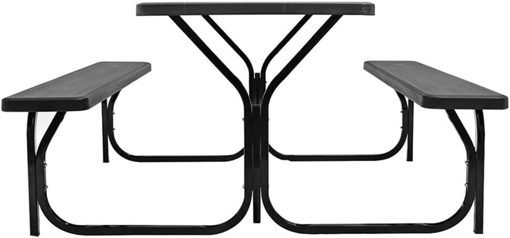 Pemberly Row Outdoor Picnic Table Bench Set, HDPE with Powder-Coated Steel Frame, Black Wood-Grain Finish, UV-Protected Weather-Resistant Design, Garden or Backyard Dining Furniture